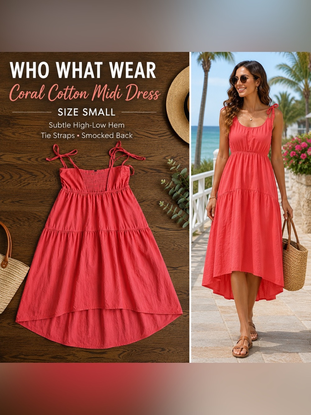 Who What Wear Coral Tie-Shoulder High-Low Midi Dress
